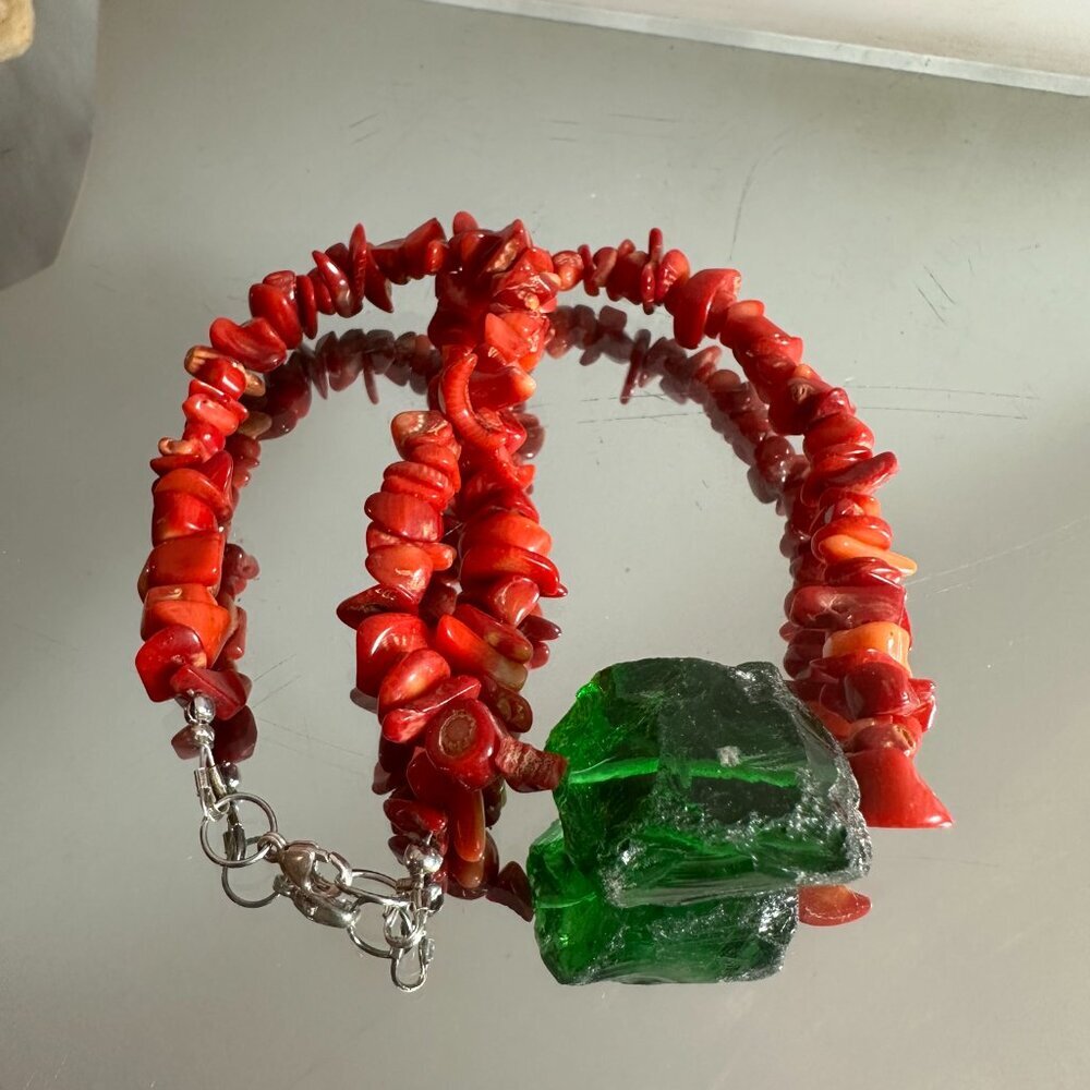 Green Sea Glass Red Coral Pendant Sterling Silver Necklace 925 Handmade Beach - Picture 5 of 11